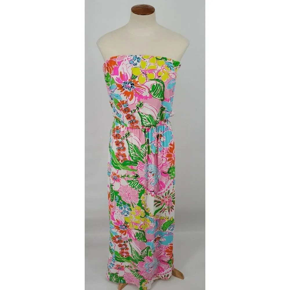 Nwt Lilly Pulitzer Target Maxi Dress Size Small Nosey Posey Strapless White Pink
